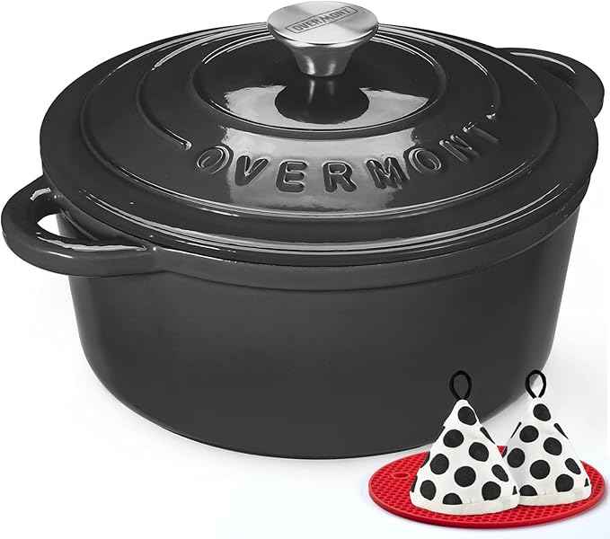 Overmont Enameled Cast Iron Dutch Oven - 5.5QT Pot with Lid Cookbook & Cotton Potholders - Heavy-Duty Cookware for Braising, Stews, Roasting, Bread Baking Graphite Gray