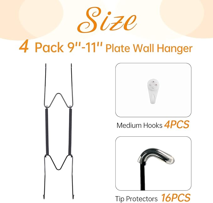 Bilillo 4 Pack Plate Hangers for The Wall, Suitable for 9''-11'' Decorative Plate,Invisible Heavy Duty Wire Plate Holder with Wall Hooks, Plate Hangers for Displaying Plates, Platter, Dish (Black)