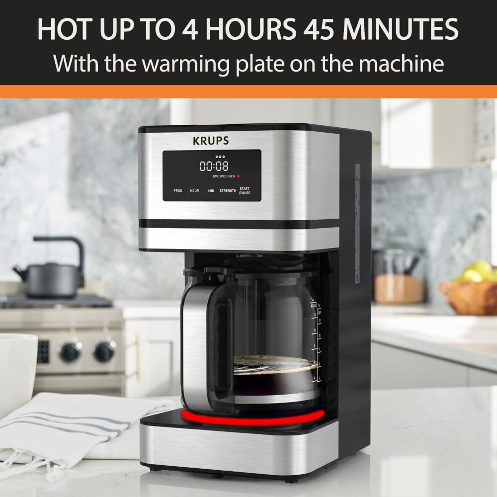 KRUPS Simply Brew: Stainless Steel and Glass Carafe 14 Cup Drip Coffee Maker, Programmable with Digital Display, Dishwasher Safe, Drip Free Coffee Machine, Black and Silver