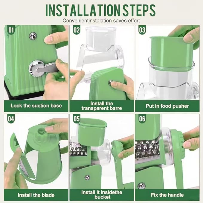 Rotary Cheese Grater with 5 Well-designed Blades & Strong Suction Base, Kitchen Mandoline Vegetable Slicer with Blade Storage Box (GREEN)