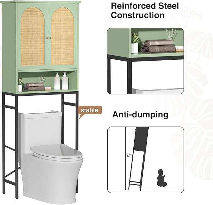 Rattan Toilet Storage Cabinet, Over The Rack Wood Cabinet with Metal Stand, Bathroom Organizer with Adjustable Shelf, Space Saving Cupboard for Small Bathrooms, Washer Shelf, Green