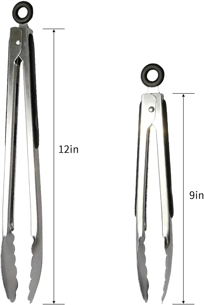 ALLTOP Metal Cooking Tongs,Stainless Steel Food Tong with No-slip Silicon and Locking Ring for Kitchen - 9 &12 inch,Set of 2-Black