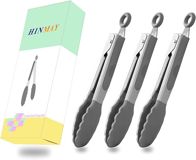 Small Serving Tongs with Silicone Tips 7 Inch Mini Stainless Steel Food Tongs, Set of 3 (Gray)