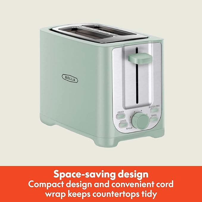 BELLA 2 Slice Toaster with Auto Shut Off - Extra Wide Slots & Removable Crumb Tray and Cancel, Defrost & Reheat Function - Toast Bread, Bagel & Waffle, Sage