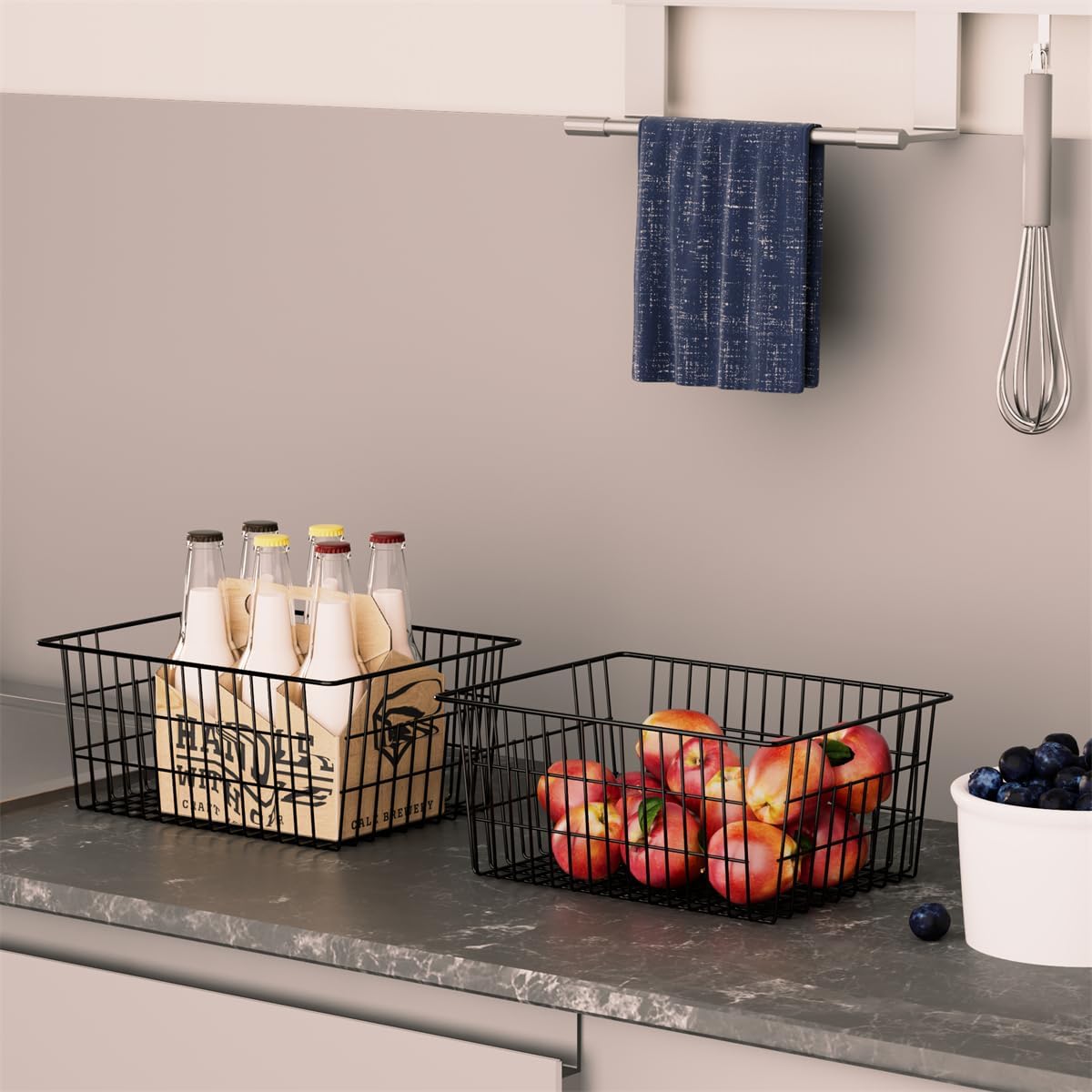 SANNO Freezer Baskets Metal Storage Organizer Bin Basket Wire Storage Basket for Kitchen Pantry Bathroom Large Metal Farmhouse Food Fruit Produce Organizer Bins,black,2