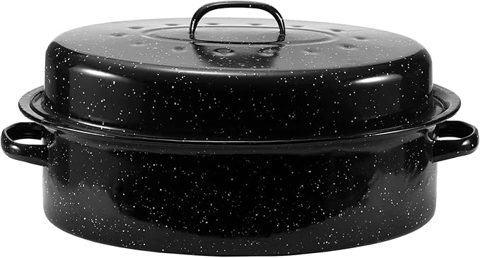 JY COOKMENT Granite Roaster Pan, 18' Enameled Roasting Pan with Domed Lid. Oval Turkey Roaster, Great for Chicken, Lamb, Vegetable. Dishwasher Safe Cookware Fit for 18Lb Turkey