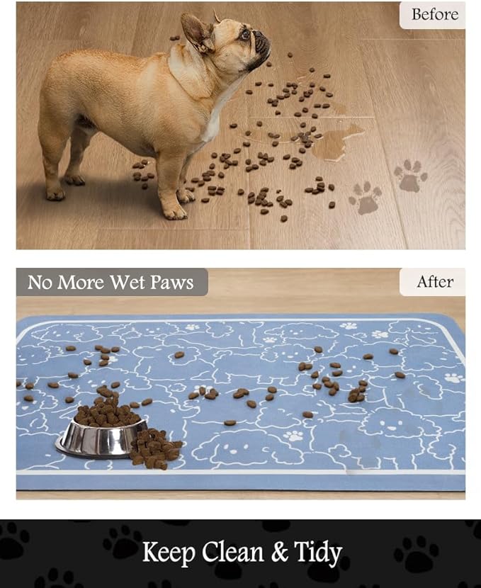 Pet Feeding Mat-Absorbent Dog Mat for Food and Water Bowl-No Stains Quick Dry Water Dispenser Mat-Dog Accessories Pet Supplies-Bowl for Messy Drinkers（BLUEDOGS,16"x24"