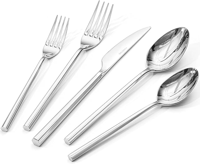 KINGSTONE 10-Piece Silverware Set, 18/10 Stainless Steel Flatware Cutlery Set with Hexagon Handle, for Hotel, Home, Party, Wedding Gift, Mirror Polish and Dishwasher Safe