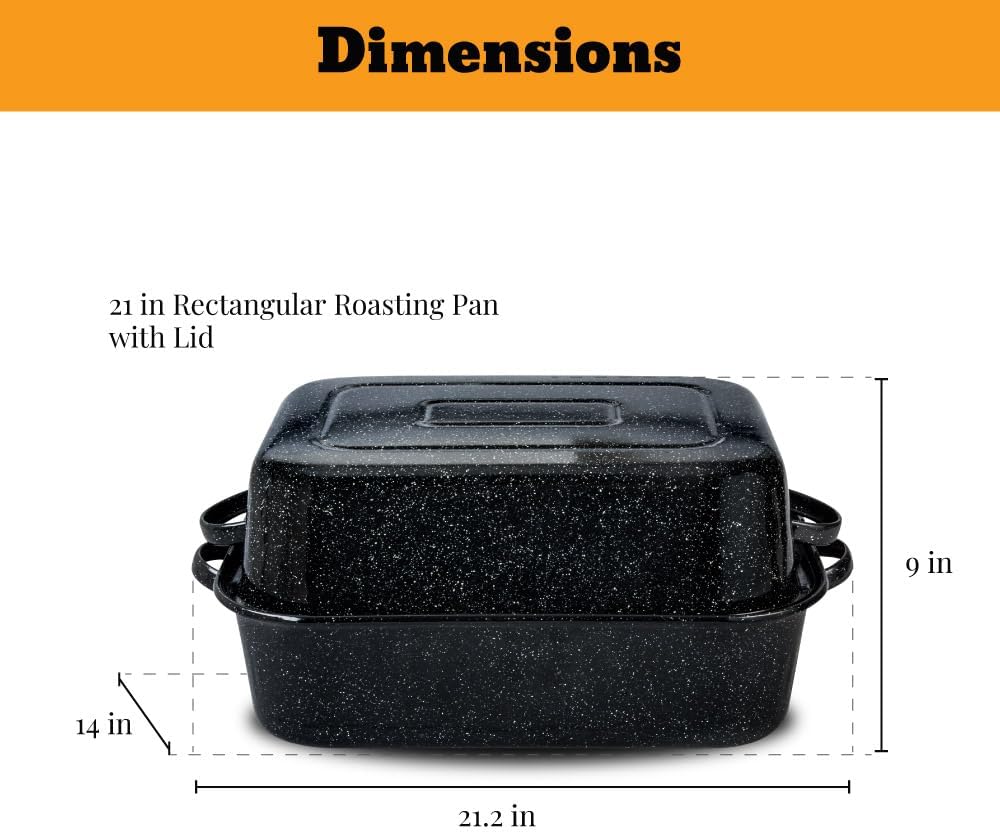 Granite Ware 25 lb Rectangular Roaster Set (10pcs), includes Lid, V-Rack, 2 pack brining bags, oven/grill-safe meat Thermometer, Turkey Baster with sylicon bulb, small brush