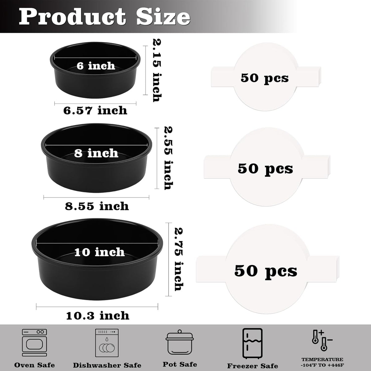 HUAKENER 3 Pack Round Cake Pans, 6" 8" 10 Inch Circle Cake Pan with 150 Pieces Parchment Paper, Non-stick Cake Baking Pans, Dishwasher Safe