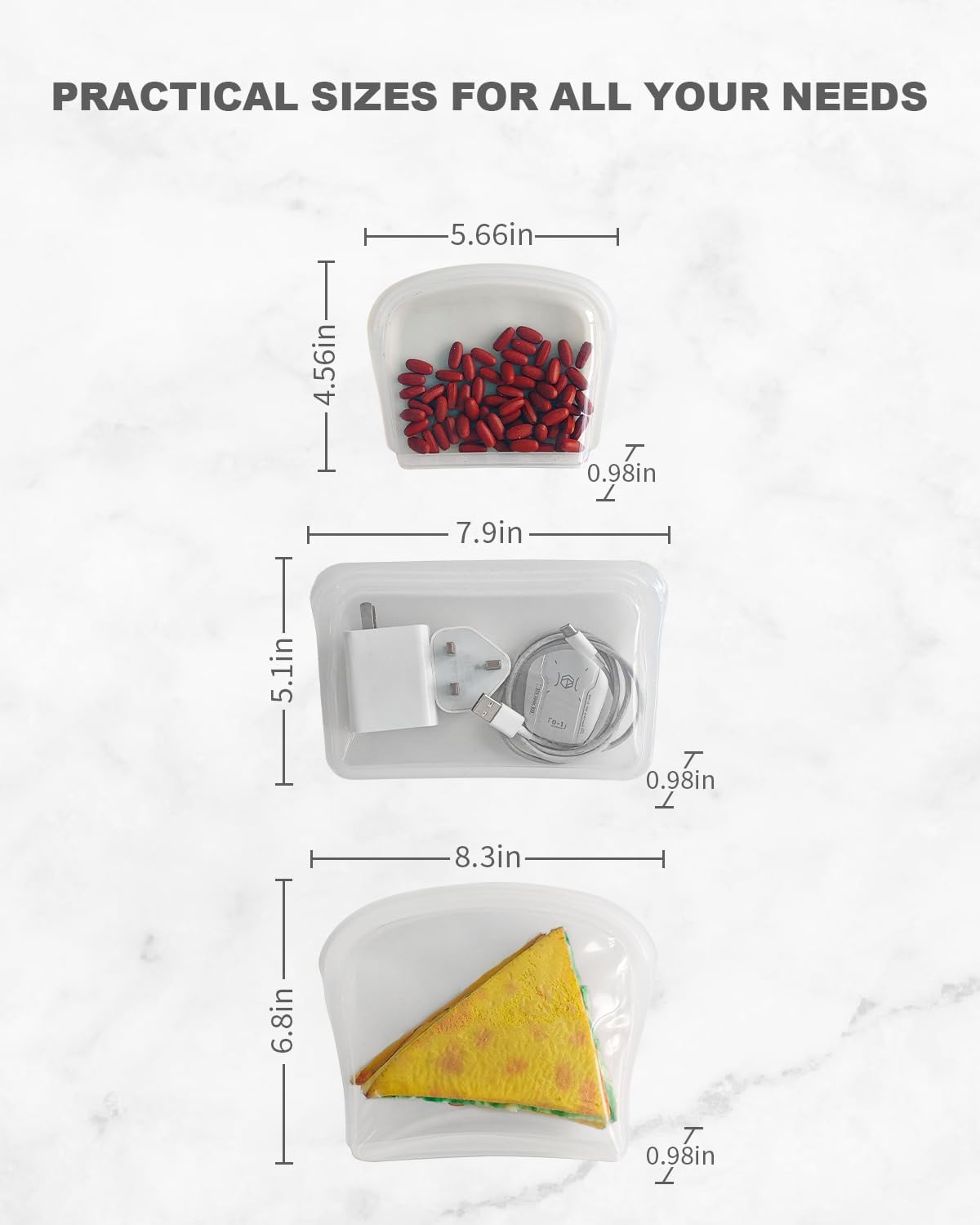 Reusable Silicone Storage Bag, 6Pack Pocket, Snack, and Sandwich Bag, Endurables Seal-Top Silicone Bags for Food Storage, Freezer, Microwave, Oven, Dishwasher Safe (Clear & Rose Quartz)