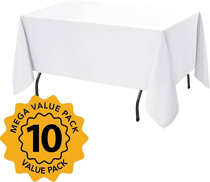 10-Pack White Tablecloths for Rectangle Tables, 70 x 120 Inches, Stain-Resistant Polyester Fabric for 6 Foot Tables - Washable Table Covers for Weddings, Banquets, Birthday Parties, Events