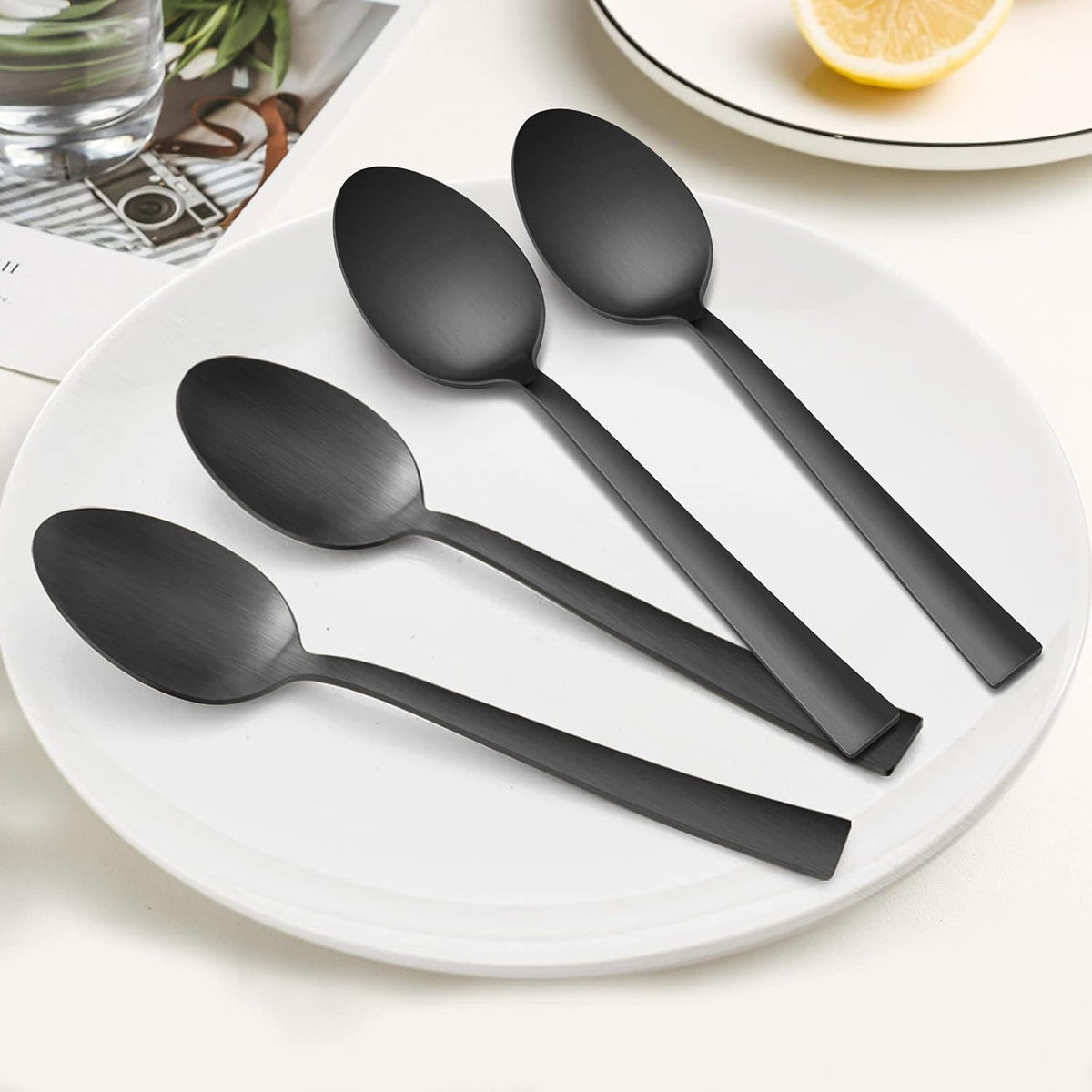 Matte Black Dinner Spoons Set of 12, E-far 7.9 Inch Stainless Steel Soup Spoons Tablespoons for Home, Kitchen or Restaurant, Non-toxic & Mirror Polished, Squared Edge & Dishwasher Safe