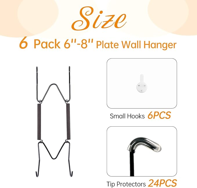 Bilillo 6 Pack Plate Hangers for The Wall, Suitable for 6''-8'' Decorative Plate,Invisible Heavy Duty Wire Plate Holder with Wall Hooks, Plate Hangers for Displaying Plates, Platter, Dish (Black)