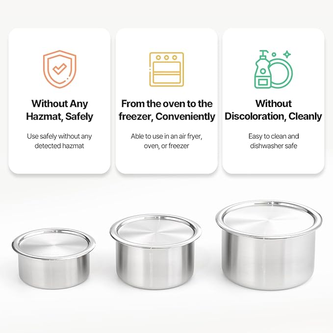 CaKE 3PCS Stainless Steel Food Storage Containers Set With Lids Canister Kitchen Appliances Dishwasher Safe Premium South Korea