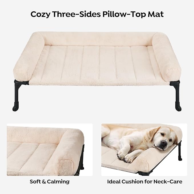 Veehoo Cooling Elevated Dog Bed + Removable Fluffy Pillow-Top Mat, Plush Dog Bed with Bolster, Breathable Mesh, No-Slip Feet, Portable Raised Dog Bed for Indoor & Outdoor, 32"x25", Medium, CWC2331E