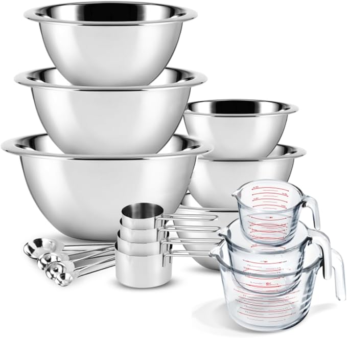 Eatex Mixing Bowls with Measuring Cups & Measuring Spoons 17 Piece Set - Nesting Stainless Steel Mixing Bowls Set for Kitchen, Measuring Spoons & Glass Liquid Measuring Cups, Dishwasher Safe Meal Prep