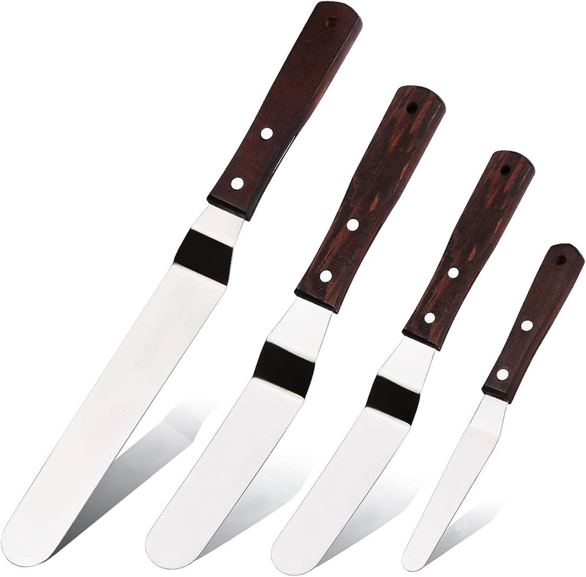 4PCS Offset Cake Icing Spatula Set 4” 6” 8” 10” Professional Stainless Steel Cake Decorating Frosting Spatulas with Wooden Handle (Angled)