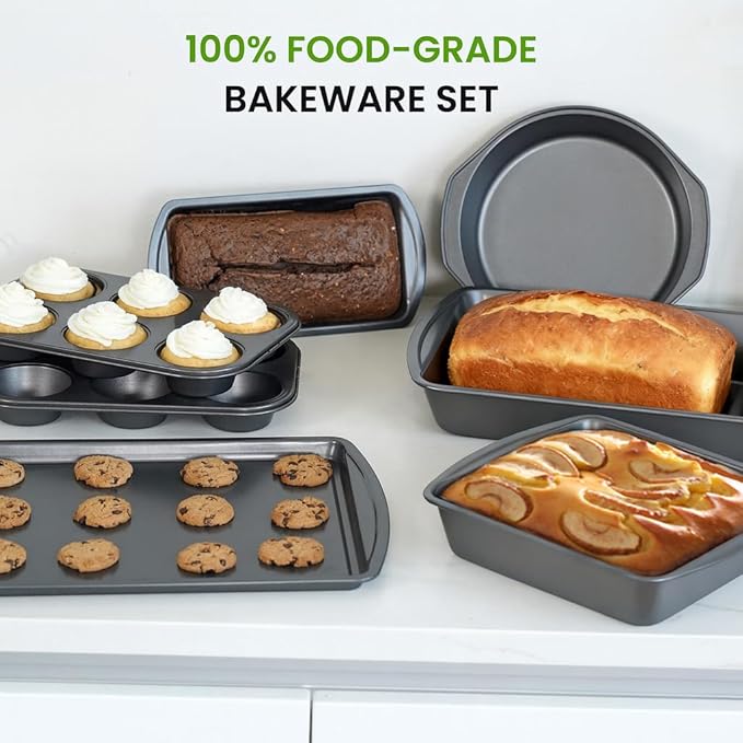 LISI 7 Piece Baking Pans Set Non Stick, Heavy-Duty Carbon Steel Oven Pan Set Include Muffin Pan, Loaf Pan, Cake Pan & Roasting Pan, PFA Free Non Toxic Make a Great Gift for Family
