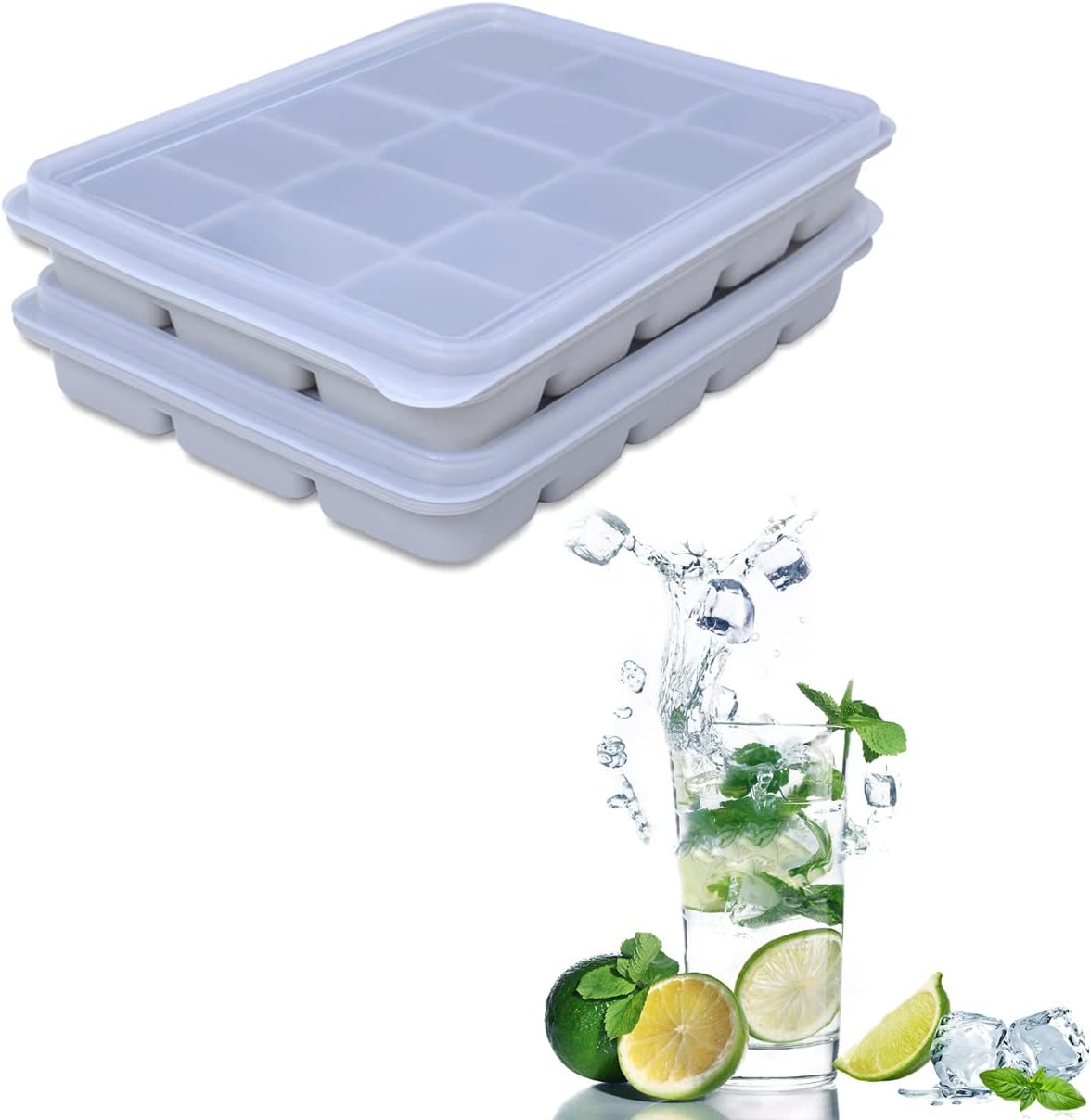Ice Cube Trays Set of 2, Easy Release 15 Flexible Silicone Ice Cube Molds with Removable Lid Reusable Freezer Ice Trays Stackable for Whiskey, Baby Food, BPA Free (SNOW GRAY)