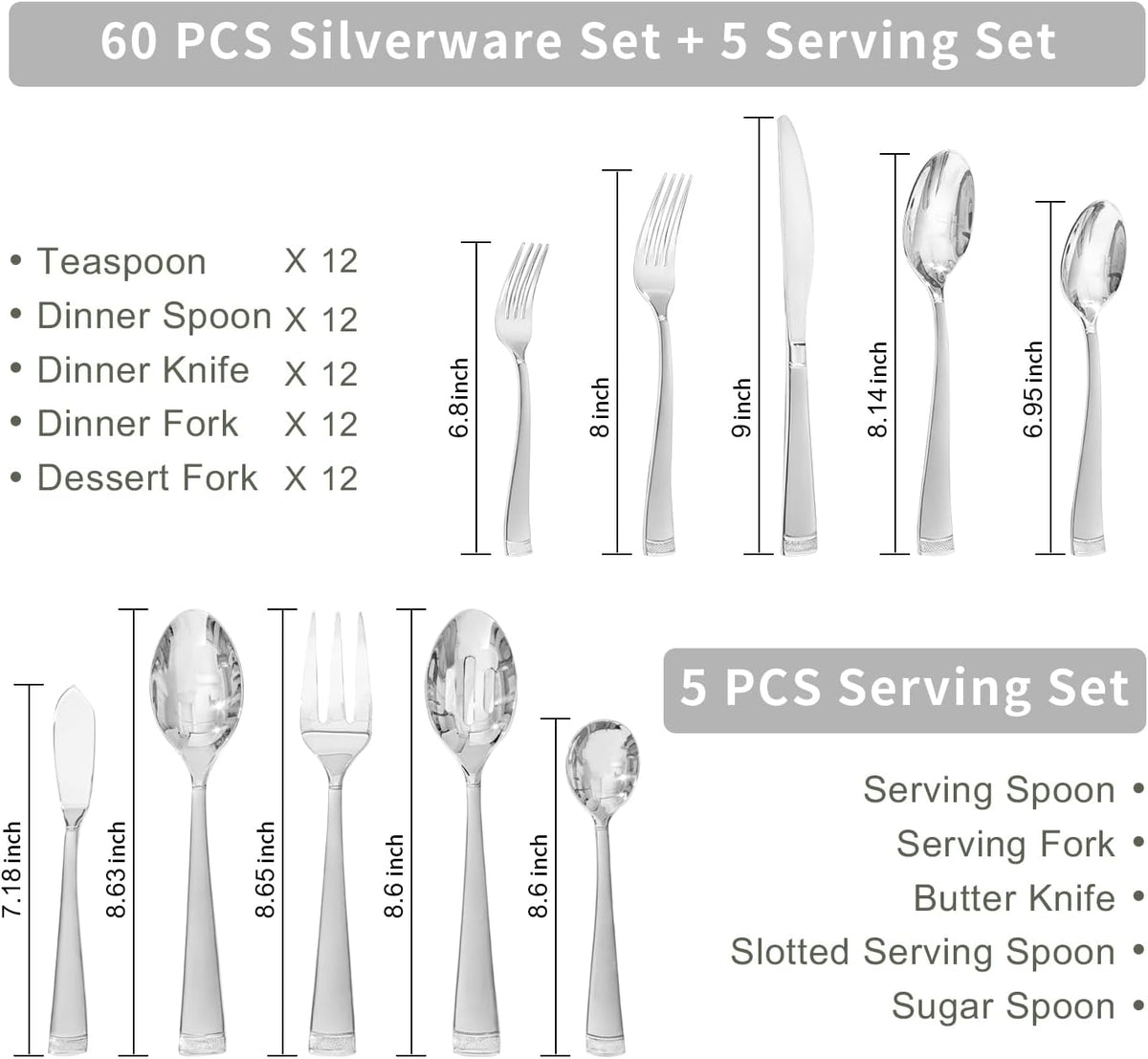 KINGSTONE Silverware Set, 65-Piece Flatware Set for 12, 18/10 Stainless Steel Cutlery Set with Bead Edge, Utensil for Kitchen, Home, Party, Wedding, Mirror Polished, Dishwasher Safe, Featured Gifts