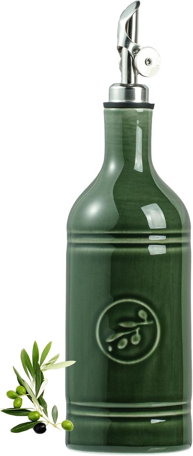 Olive Oil Dispenser Bottle with Spout, 18 oz Ceramic Oil Dispensers for Kitchen, Opaque Cruet, EVOO & Vinegar Bottle with Automatic Stainless Steel Pourer, Pack of 1, Jade Green