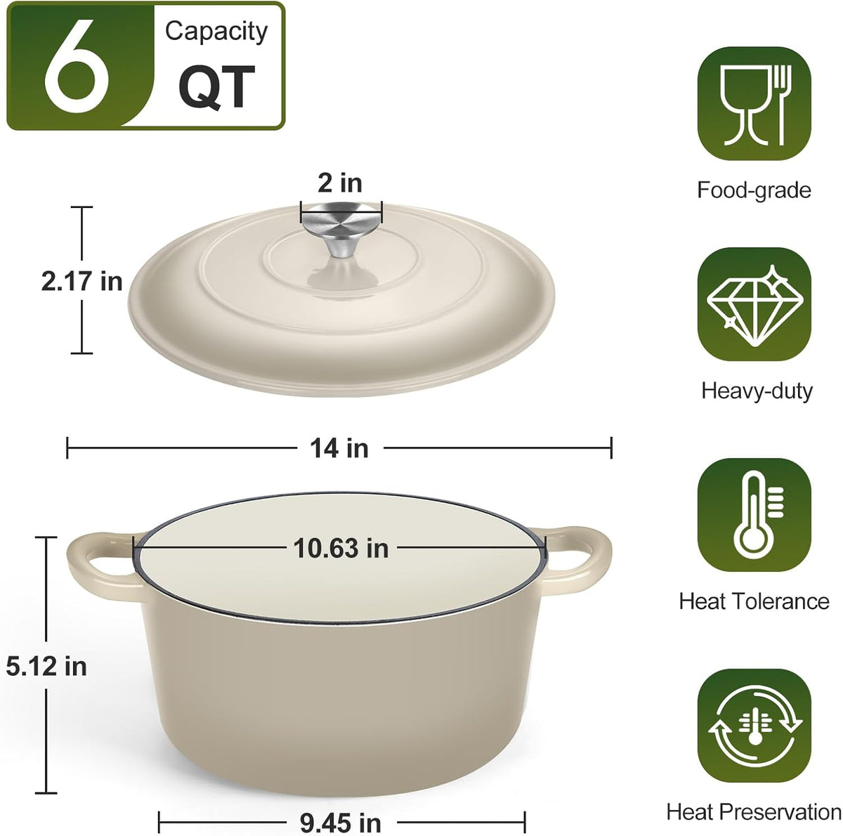 P&P CHEF 6QT Enameled Dutch Oven, Cast Iron Dutch Oven Pot with Lid for Bread Baking, Enameled Casserole Pot for Roasting Braising Stewing Frying Simmering, Various Stoves & Easy Clean, Khaki