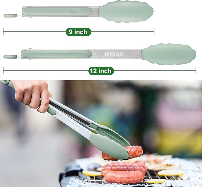 Kitchen Tongs, Stainless Steel Silicone Tongs for Cooking 600ºF High Heat-Resistant BBQ Grilling Locking Tongs, Set of 2-9" and 12" Light Green