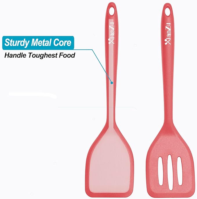 Silicone Spatula Turner Set, High Heat Resistant Spatulas with Seamless One Piece Design, Nonstick Rubber Flippers Utensils for Baking & Cooking,BPA-Free, Red, 11 IN