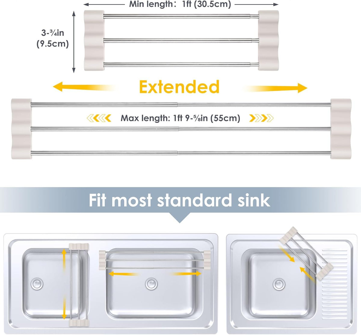 Tomorotec Adjustable Over-The-Sink Kitchen Rack for Dishcloths, Sponges, Bottles and Brushes - Heat-Resistant Stainless Steel with Slim, Expandable Design and Multifunctional Silicone Holder