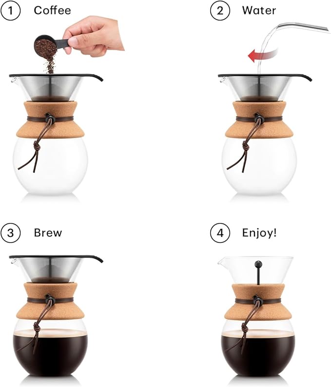 Bodum 34oz Pour Over Coffee Maker, High-Heat Borosilicate Glass with Reusable Stainless Steel Filter and Cork Grip - Made in Portugal
