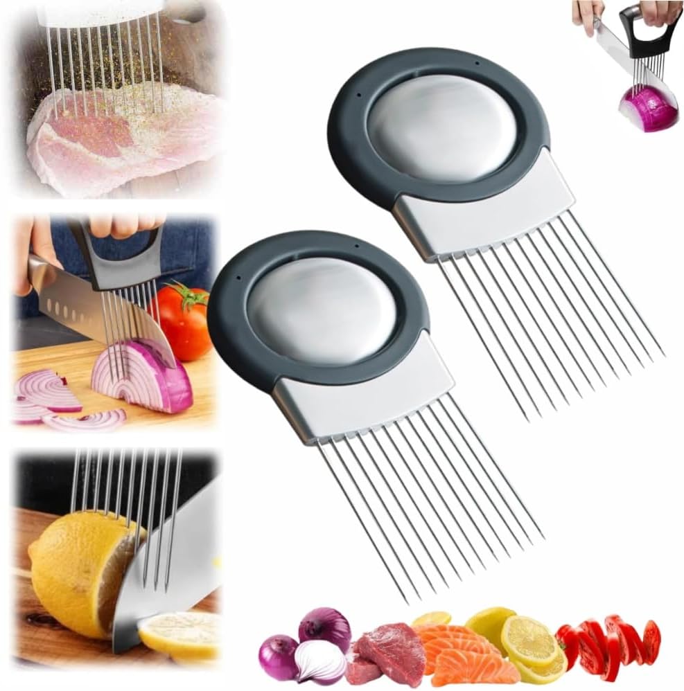 Onion Slice Holder, 2025 Upgraded Stainless Steel Onion Holder for Slicing Lemon Slicer Vegetable Cutter, Kitchen Chopper Slicing Assistant Tool for Meat, Onion, Potato, Tomato (2, B)