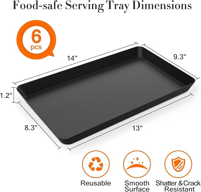WOWBOX 6 pcs Serving Tray for Entertaining, Serving Platters for Snacks, Fruit, Cookies, Dessert, Reusable Plastic Trays for Serving Food and Pantry Organization in Kitchen & for Parties, (Black)