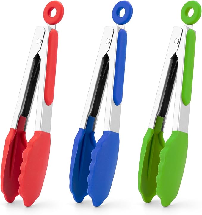 Small Silicone Tongs for Cooking,3 PCS 7-Inch Mini Serving Tong-600°F Heat Resistant Non Stick Stainless Steel Tong s with Silicone Tips Food Tong Cooking Tongs for Salad,Buffet Serving