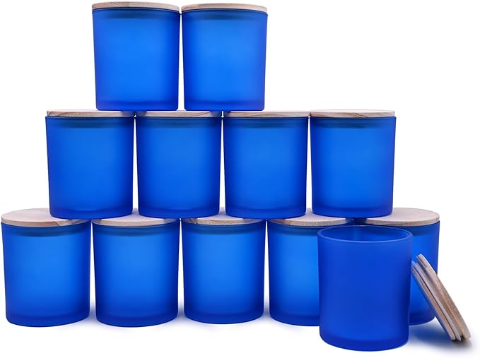 SHOWIN 14 OZ Thick Candle Jars for Making Candles 12 Pcs, 3 Wick Empty Jars with Wood Lids for Candle Making, Sample Container, Frosted Blue