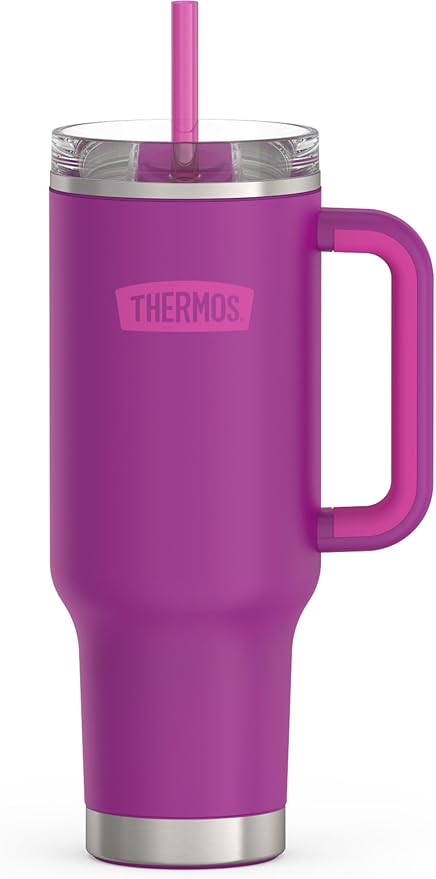 THERMOS Stainless Steel Cup Holder Mug - 40 Ounce, Plum - Insulated Tumbler with Lid and Straw, Plus Leak-Resistant Slide Lock