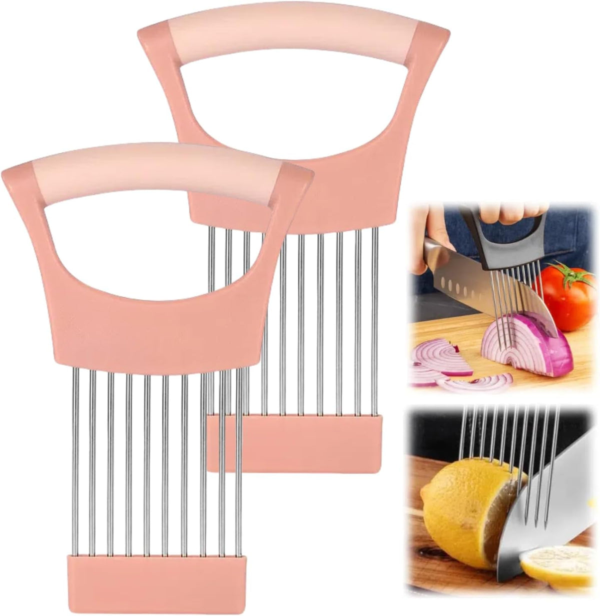 Onion Slice Holder, 2024 New Stainless Steel Holder for Slicing, Chopper Assistant Tool, Cutter for Meat, Onion, Potato, Tomato - Kitchen Gadgets (Pink, 2 Pack)