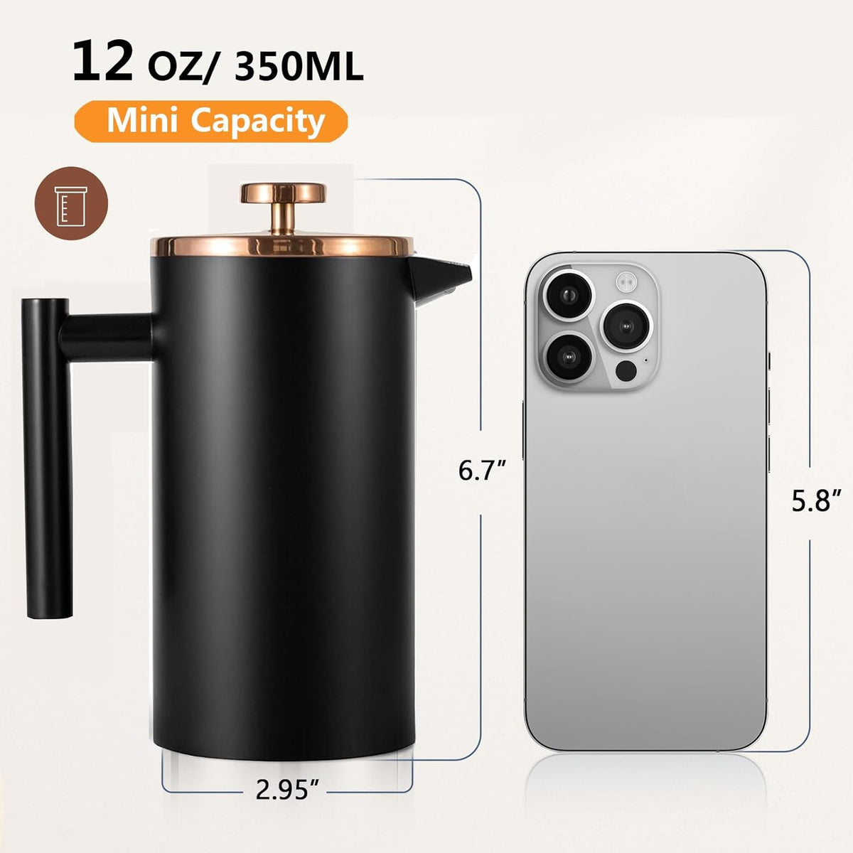 Small French Press 350ml Black, Double-Wall Insulated French Press Coffee Press Stainless Steel for travel camping, Single Cup Pour Over Coffee Maker Black(1 cup, 12 OZ)