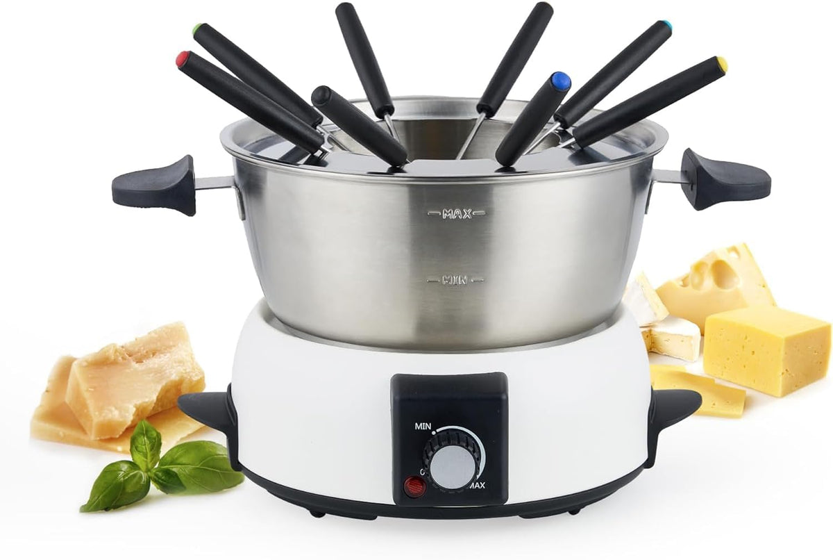 Electric Fondue Pot Set for Cheese & Chocolate - 6-Cup Stainless Steel Fondue Pot with 8 Coded Forks - 3 Mode Fondue Set Adjustable Temperature Control for Cheese, Oil and Hotpot, FD-10