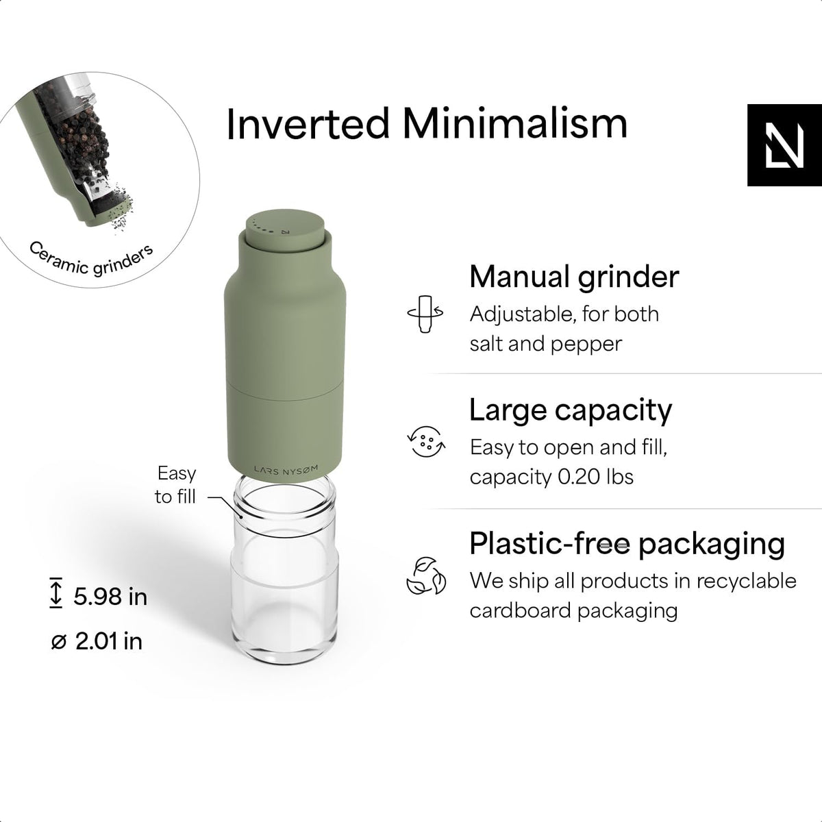 LARS NYSØM Salt and Pepper Grinder Set, Stainless Steel Manual Salt and Pepper Mills, Adjustable Ceramic Grinder, Design Spice Shakers (Sage Green)