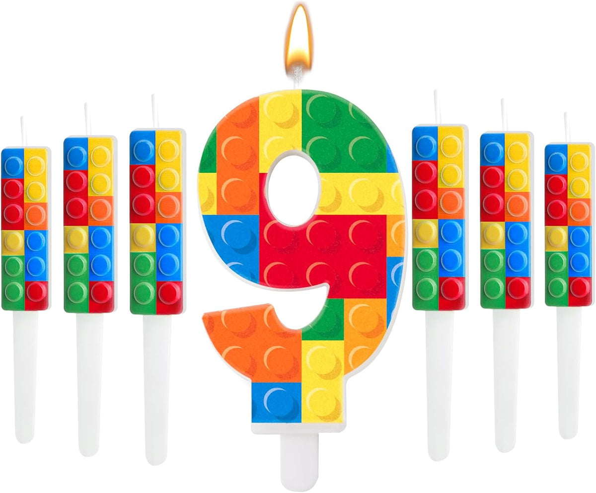 7 Pcs Building Block Themed Birthday Candles Set Building Blocks Number 9 Candle Cake Topper for Building Block Party Decoration Supplies (Number 9)