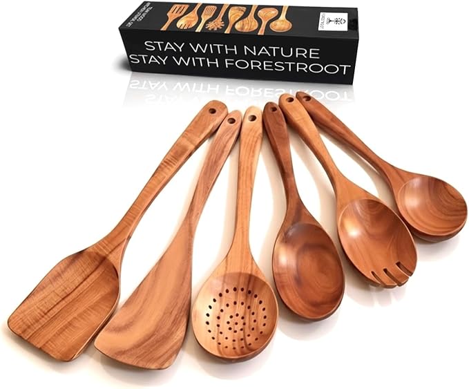 6-Piece Wooden Utensil Set – Premium Teak Wood Cooking Spoons & Spatulas, Non-Stick, Heat-Resistant, Durable & Eco-Friendly Kitchen Tools for Cooking & Serving