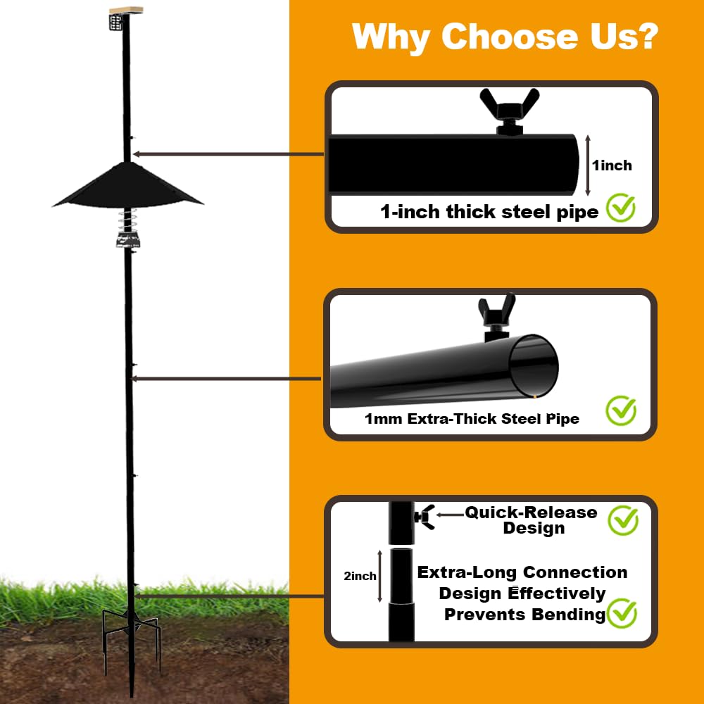Smart Bird Feeder Pole With Metal Squirrel Baffle,94 Inches Bird House Poles For Outdoors,1-Inch Dia Heavy-Duty Pole For Bird Feeder,Squirrel Proof Baffle with Stainless Steel Spring for Defense.