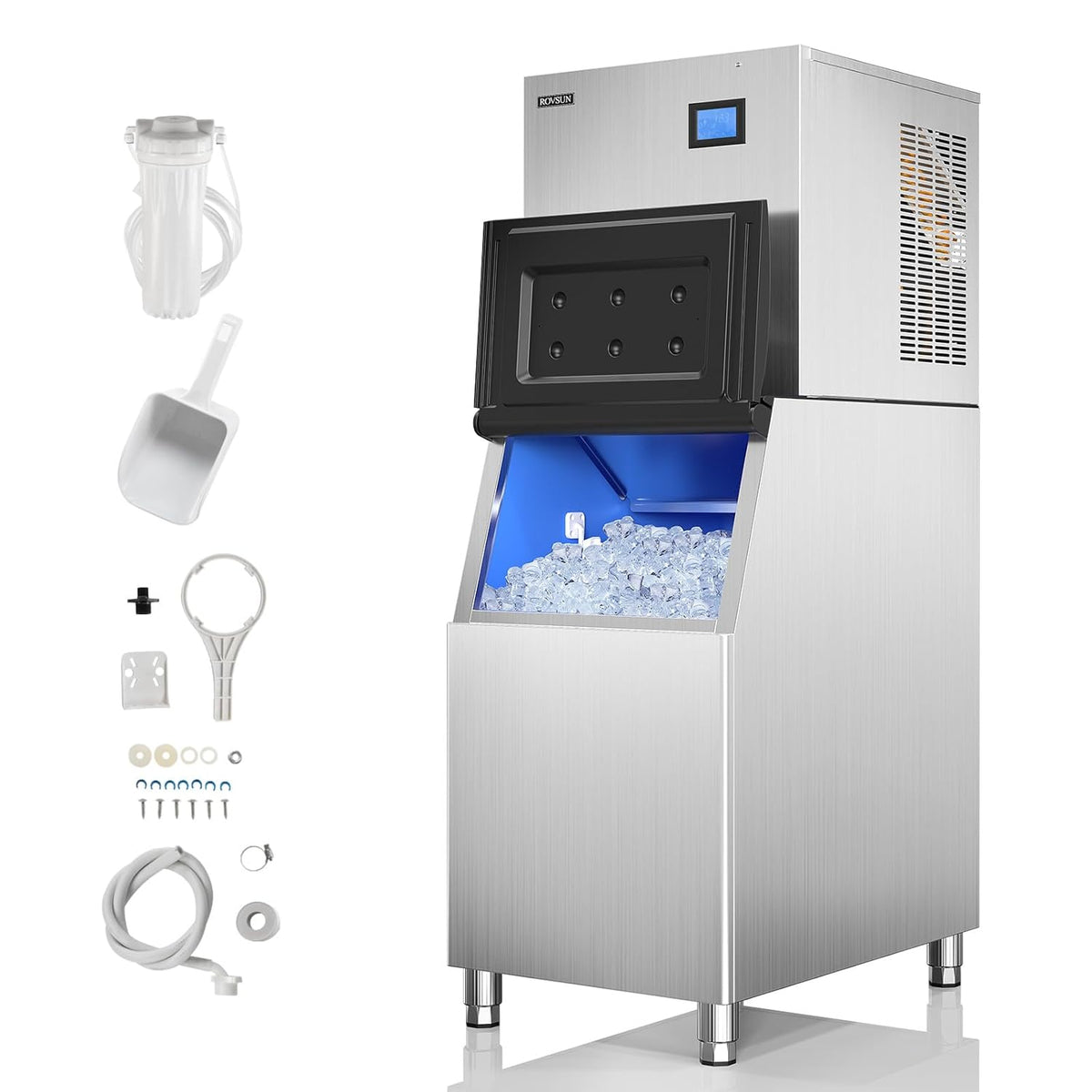 ROVSUN 400LBS/24H Commercial Ice Maker with 300LBS Storage Bin, Commercial Ice Machine with LCD Touch Control Panel & Automatic Cleaning for Restaurant Bar Coffee Shop Home Supermarket