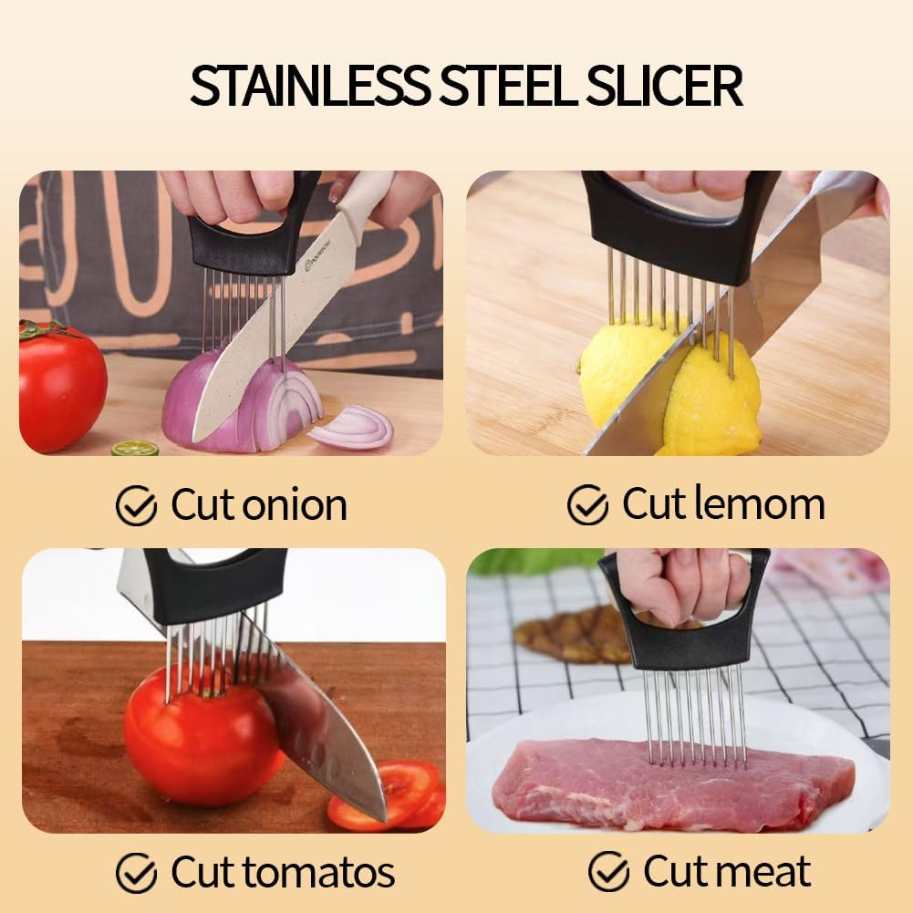 Onion Holder for Slicing, Stainless Steel Onion Slicer and Chopper, Lemon Slicer Vegetable Cutter Kitchen Tool, Food Slicing Assistant for Meat, Tomato, Potato, Lemon (2 Pack)