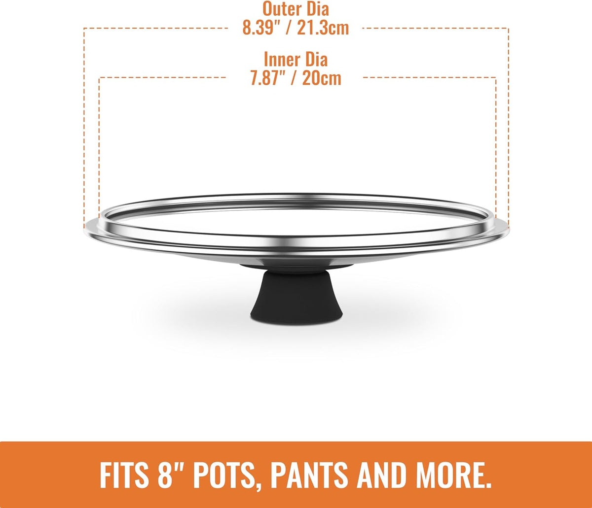 8 Inch Pan Lid For Pots Pans and Skillets, Cast Iron Skillet Lid, Tempered Glass Pan Lids, Replacement Pan Cover for Frying, Wok, Crock Pot Lid with Wide Stainless Steel Rim, Cooking Pot Covers