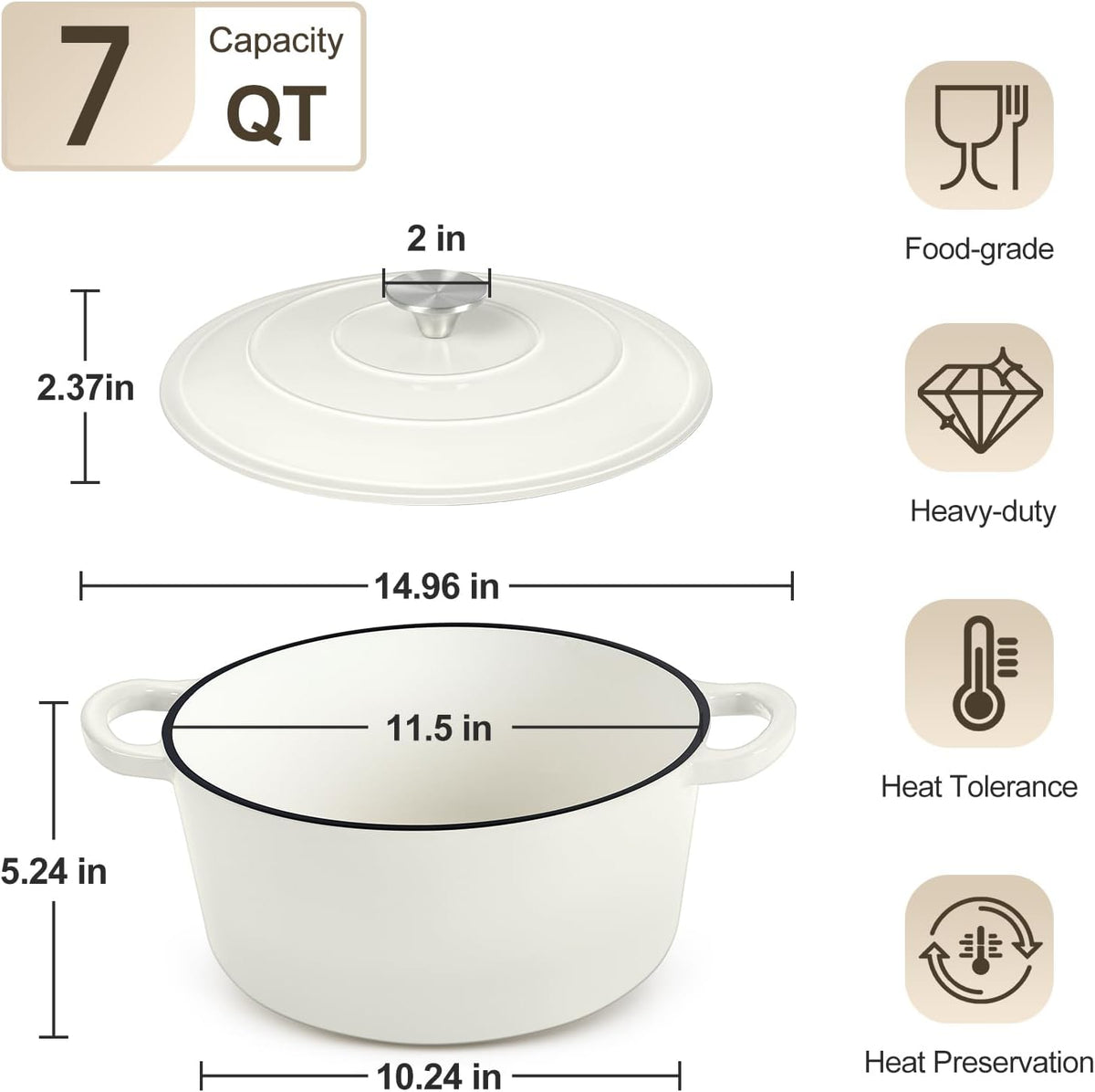 P&P CHEF 7QT Enameled Dutch Oven, Cast Iron Dutch Oven Pot with Lid for Bread Baking, Enameled Casserole Pot for Roasting Braising Stewing Frying Simmering, Various Stoves & Easy Clean, White
