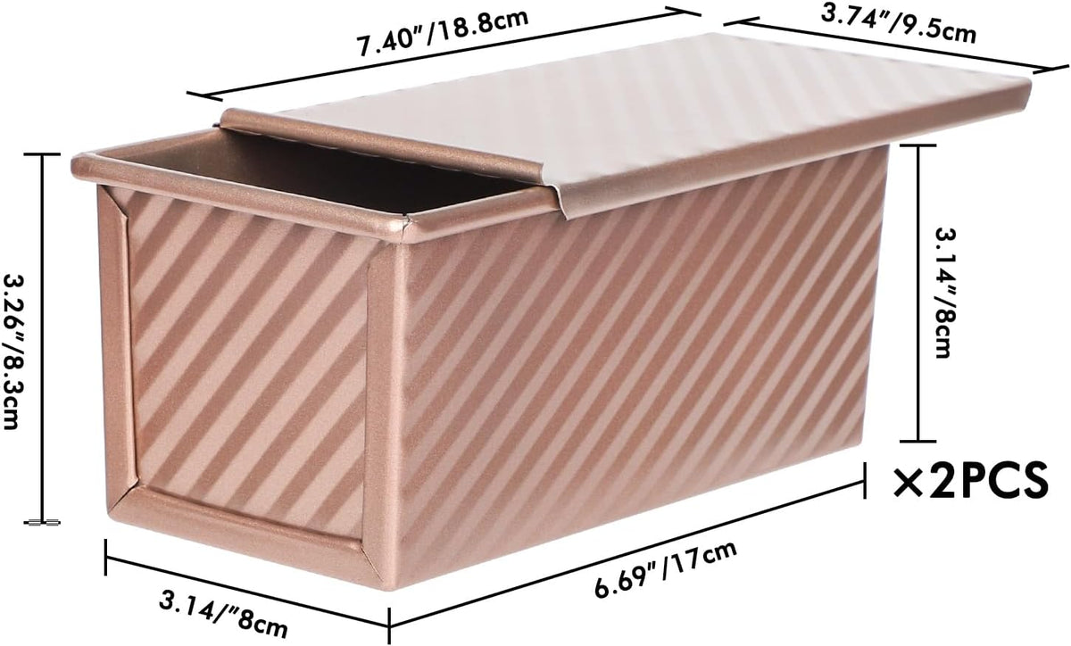 Beasea Pullman Loaf Pan With Lid, 2 Pack 0.5 lb Small Non-Stick Carbon Steel Mini Toast Box for Homemade Bread Oven Baking - Rose Gold