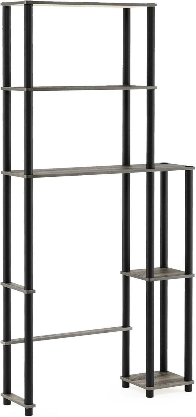 Furinno Turn-N-Tube Over The Toilet Storage, 5 Shelves Bathroom Organizer Space Saver Rack, French Oak Grey/Black