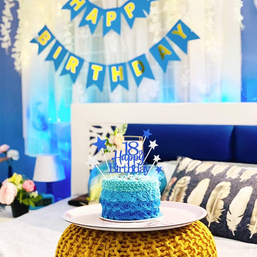 Glittery 18th Happy Birthday Cake Topper with Star,Personalised 18 Birthday Cake Toppers Party Decorations Party Supplies for Boys Girls Blue